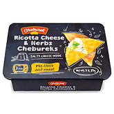 Rectangular package of Cheburek - Ricotta Cheese & Herbs Chebureks features a product image, preparation instructions, and the weight of 249g printed on the box.